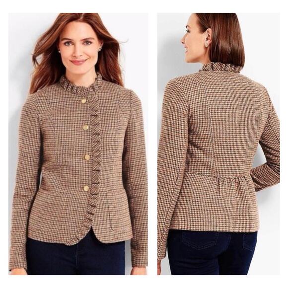 Talbots Brown Houndstooth Wool Blazer Womens Petite Sz 2 Old Money Career Ruffle - Picture 1 of 9